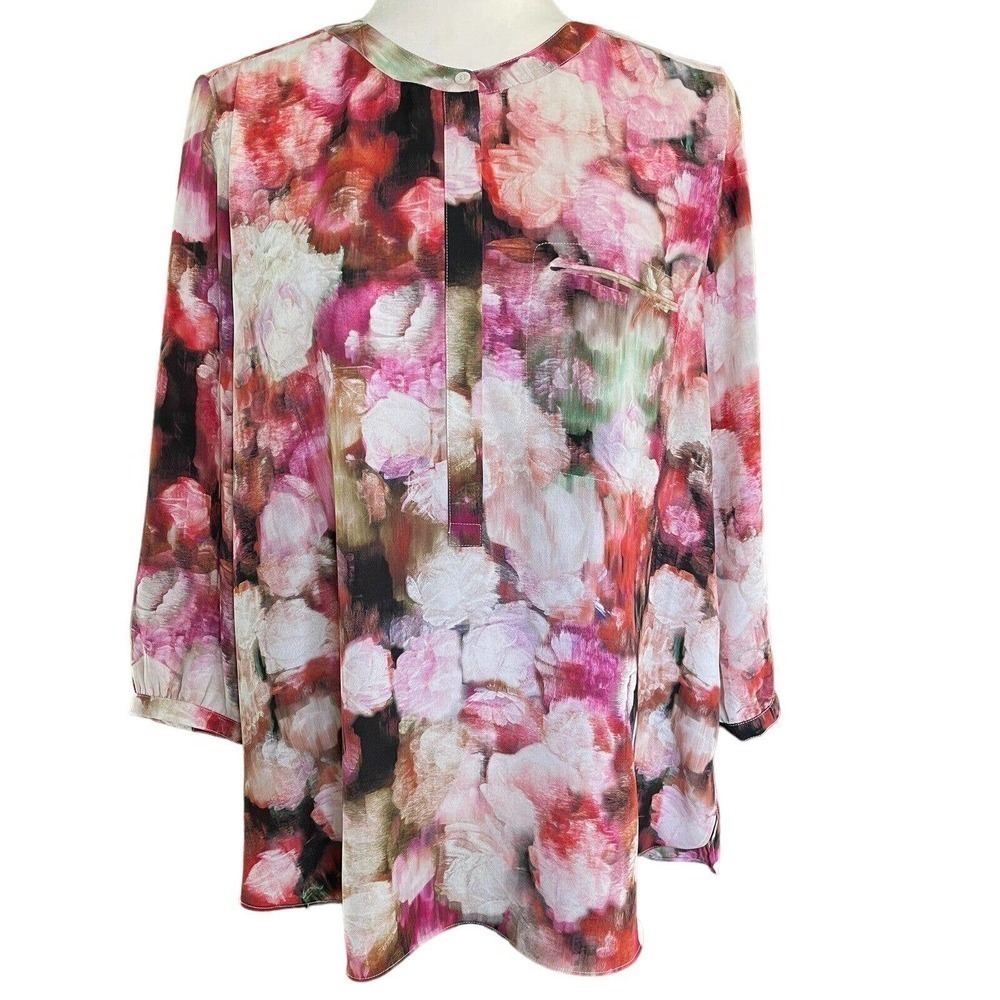 NYDJ Not Your Daughters Jeans Pink Moody Floral Watercolor Blouse Petite L